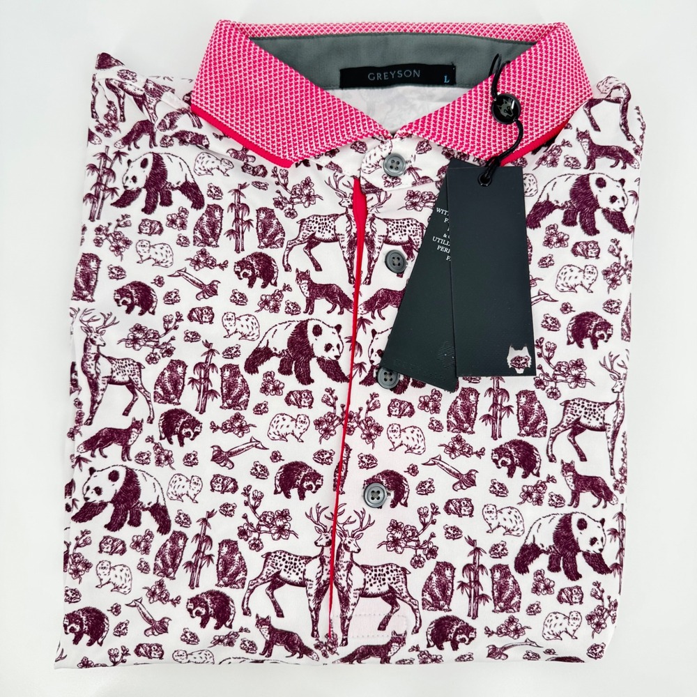 Greyson Creatures Polo Arctic White‎ Burgundy Animal Print Golf Shirt - L Panda
